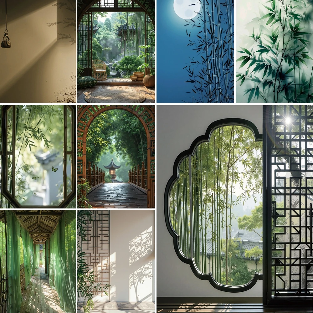 

MOON.QG Chinese Bamboo Garden Background Leaf Pond Backdrop Newborn Wedding Photozone Decor Photo Studio Photography Accessories