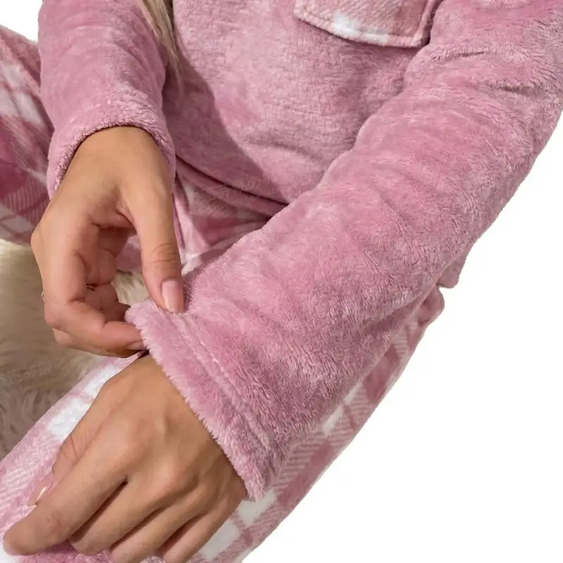 Women Fleece Pajama Set Round Neck Long Sleeve Solid Top Plaid Pants 2Pcs Soft Warm Coral Velvet Sleepwear Winter Homewear 6
