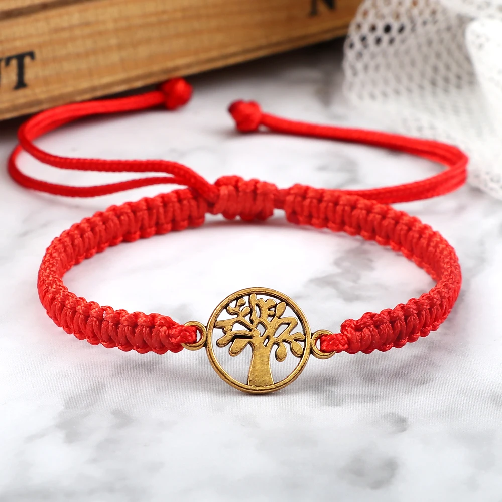 Pulseras trenzadas con dije de árbol de la vida para hombres y mujeres, brazaletes hechos a mano con nudo rojo de la suerte, pulsera femenina, regalo de joyería para parejas de amistad