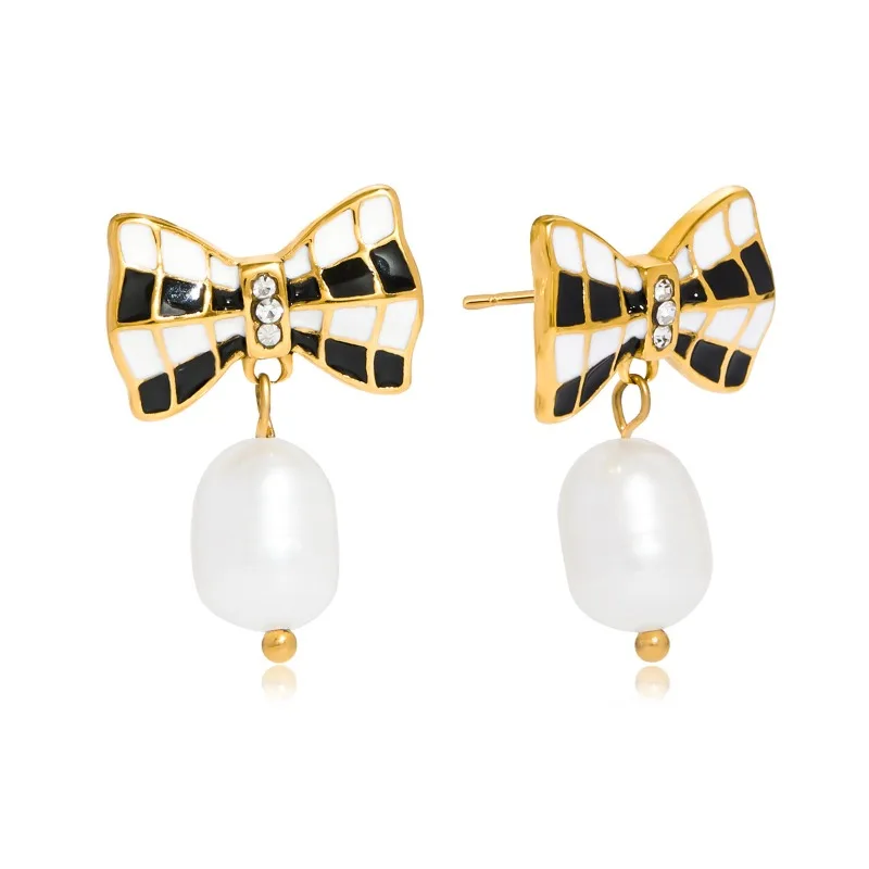 

Minar Elegant White Black Striped Enamel Rhinestone Bowknot Freshwater Pearl Drop Earrings for Women Stainless Steel 18K Gold