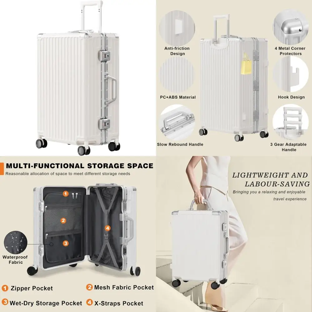 

24-дюймовый замок TSA с двойными вращающимися колесами для багажа, чемодан из ПК + АБС-пластика с твердым корпусом, без молнии, алюминиевый каркас, проверенный чемодан