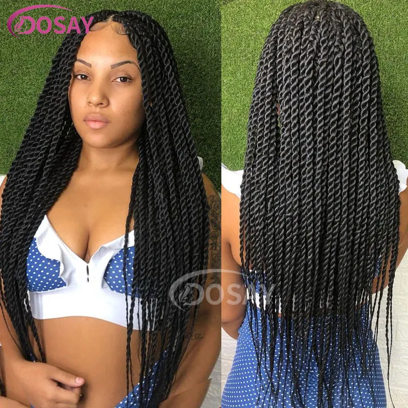 Perruque Full Lace Wig tressée sénégalaise, perruque frontale à dentelle synthétique tressée, tresses de boîte carrées sans nœuds, cheveux de bébé, 36 po