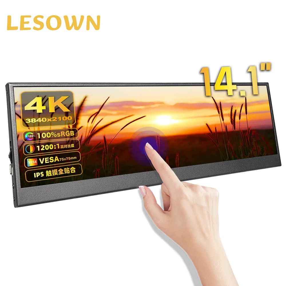

LESOWN 4K 14" IPS UHD 3840x1100 Long Stretched Touch Screen Monitor for Music Media Timeline Editing PC Temperature Monitoring