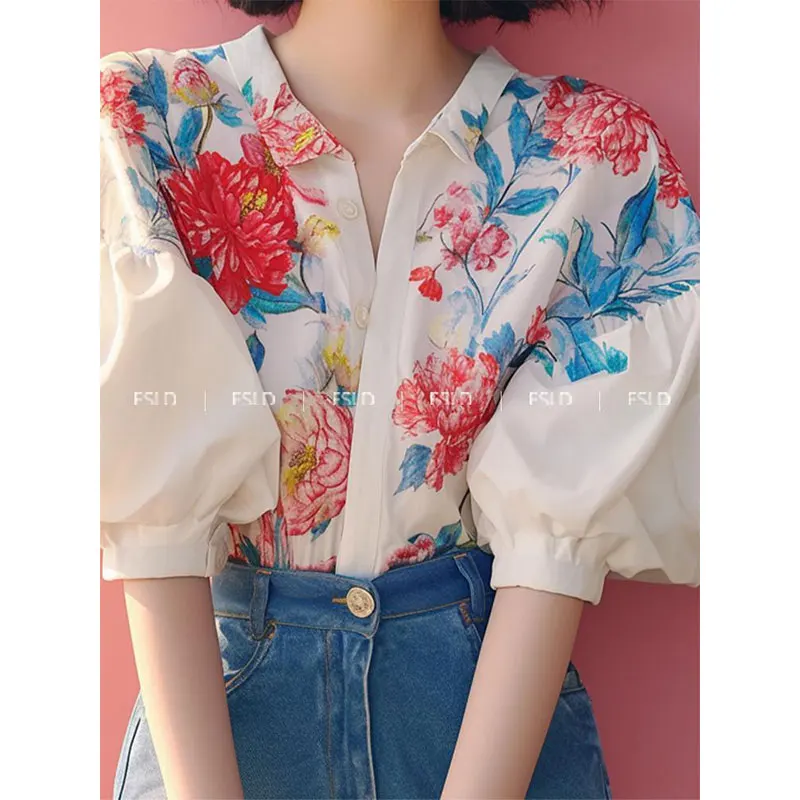 Summer Women Clothing Korean Fashion Simplicity Printing Temperament Puff Sleeve Shirts Women's Elegant Casual All-match Tops