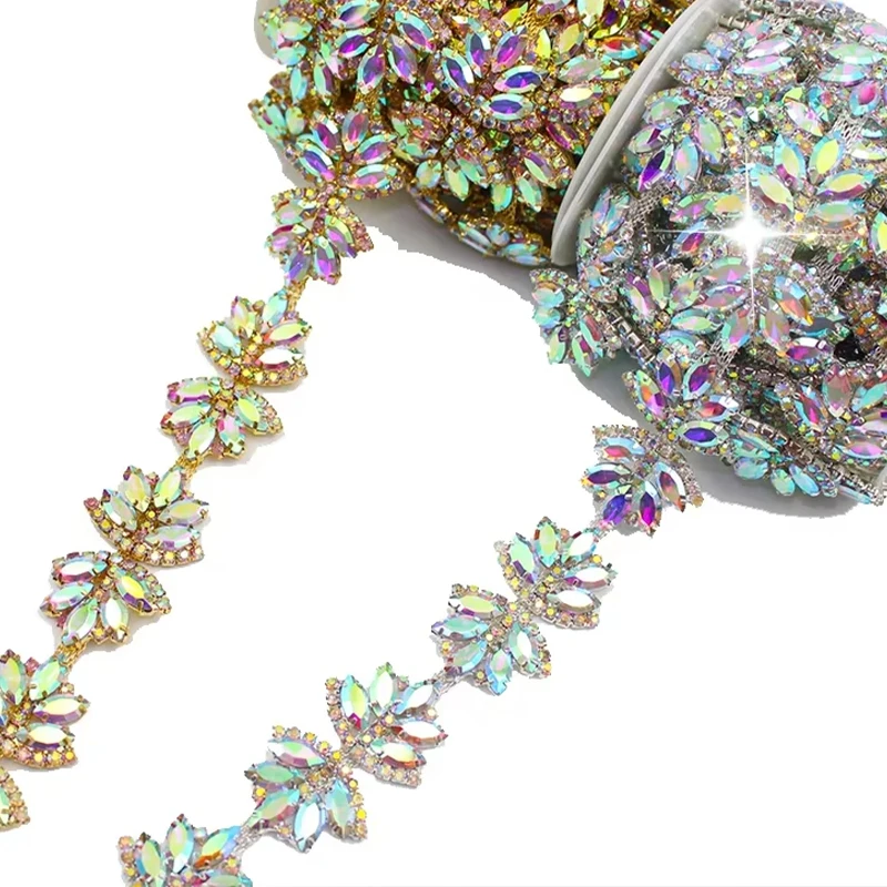 

High Quality New Style 1 Yard Rhinestone Trim Mixed Color Crystal Flower Chain for Wedding Decor Sewing Clothing DIY Accessories