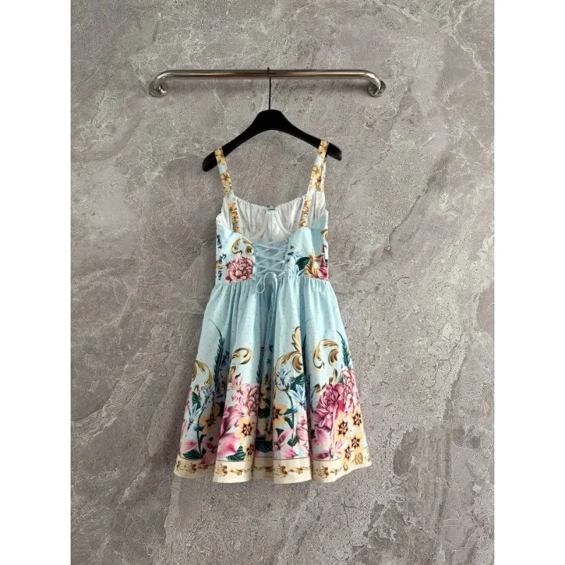 High Quality Blue Print Flowers Appliqued Halter Ruffles Irregular Hem Mini Dress 2025