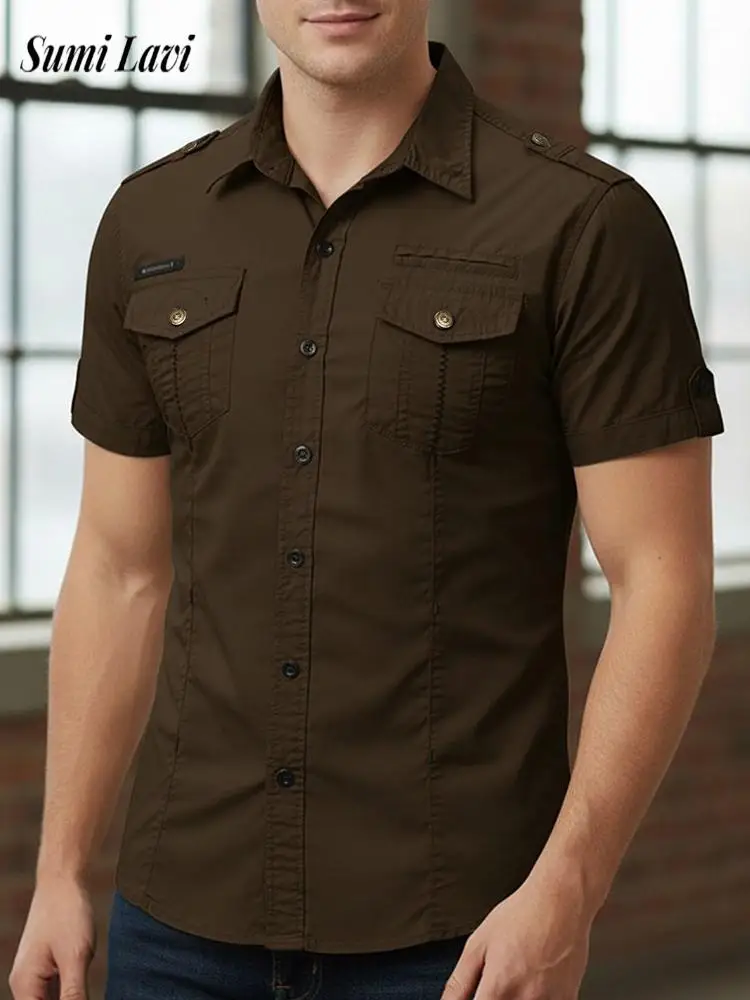 

Daily Leisure Mens Short Sleeve Shirt Tops Summer Vintage Button-up Turn-down Collar Shirts Men Clothing Fashion Slim Shirt