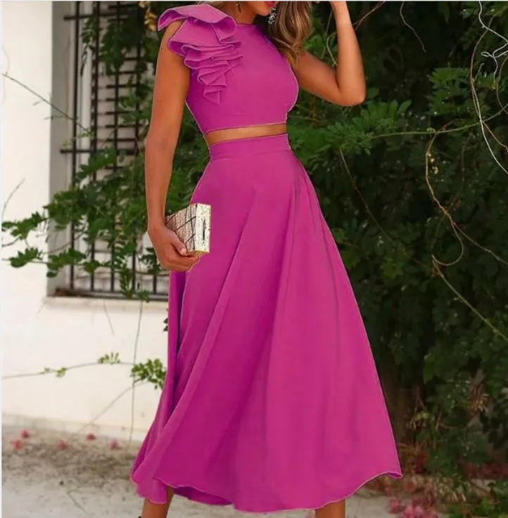 Garnitury damskie lato Crop Top bez rękawów + spódnica 2 sztuka zestaw elegancki żółty kobiety odzież solidny kolor spódnica i najlepsze zestawy