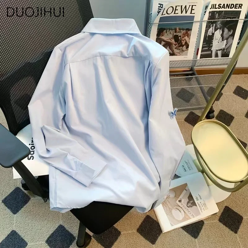 DUOJIHUI Blue Fashion Butterfly Embroidery Sweet Women Shirt Spring Loose Simple Single Breasted Casual Solid Color Female Shirt