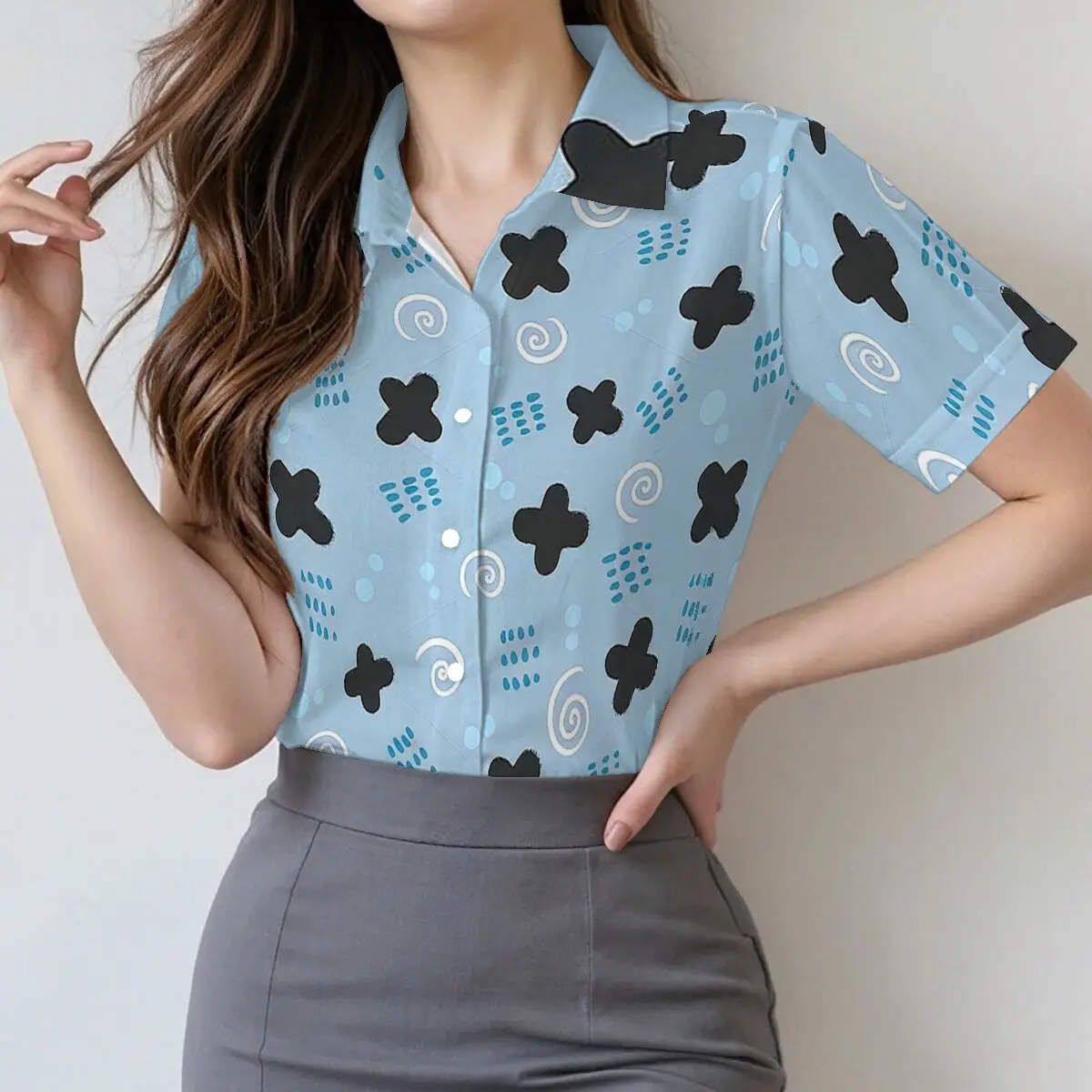 

Женская летняя рубашка с принтом, свежие и омолаживающие элементы, веселая, яркая, свежая и оригинальная, подходит для делового повседневного стиля.