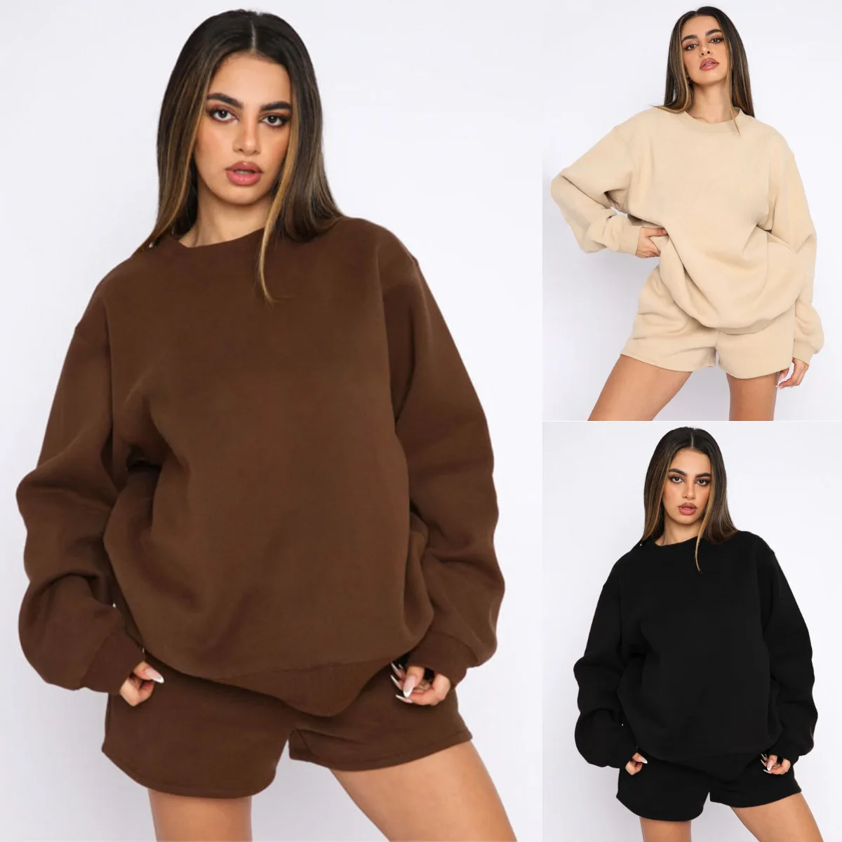 

​​​​​​Women Tracksuits Autumn Fashion Hoodie Short Set Round Neck Sweatshirt Shorts Sweatsuit Casual Two-Piece Set Jogger Set