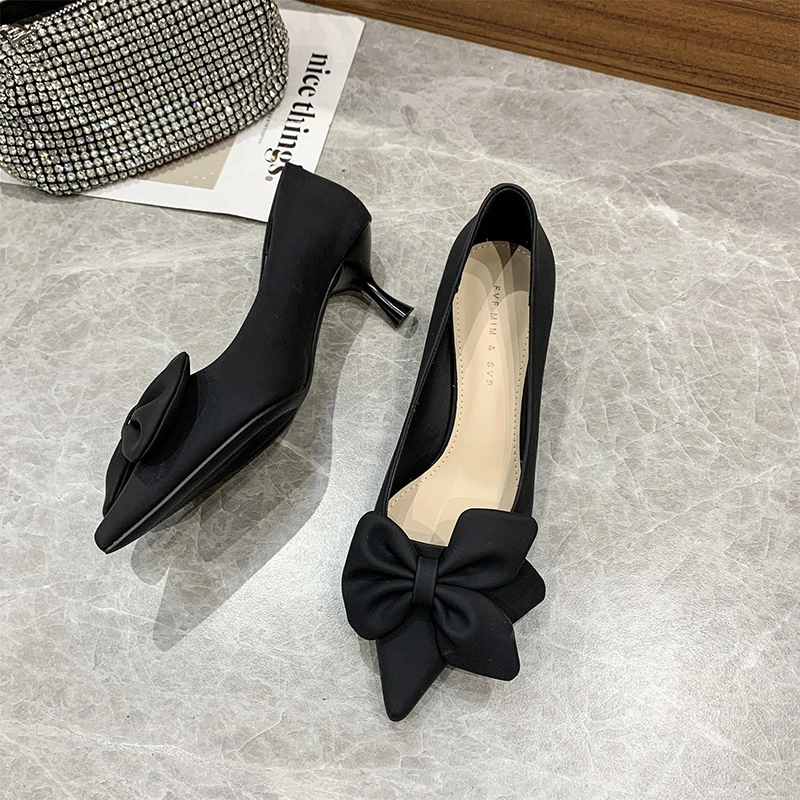 Black Pointed Toe High Heels Shoes for Women Pumps Small Size Bow Decorative Thin Heels Bridal Shoes Laides Sapatos Femininos