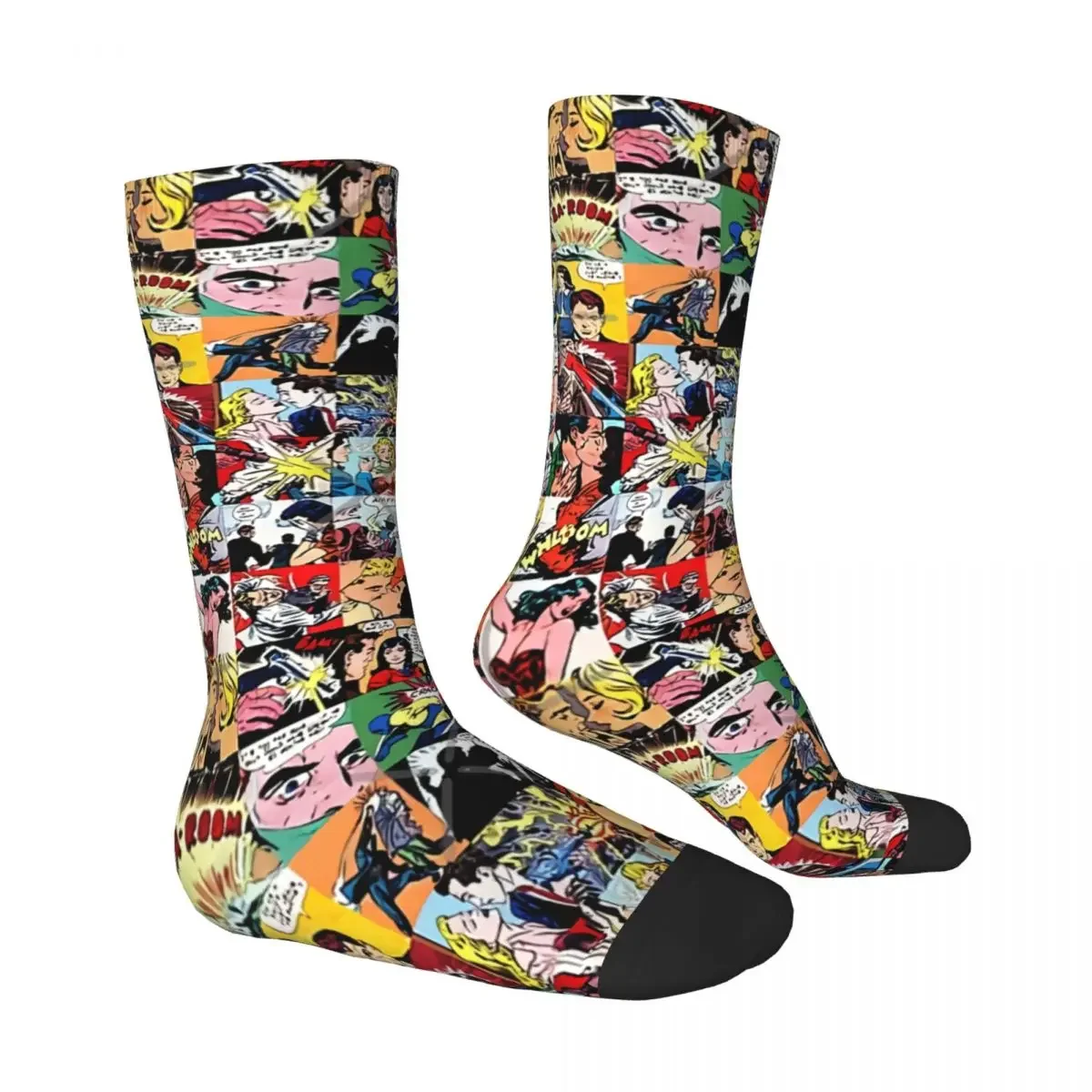 Funny Crazy Sock for Men Comic Book Collage Hip Hop Vintage Superheroes Happy Boys Crew Sock Novelty Breathable Basketball Socks