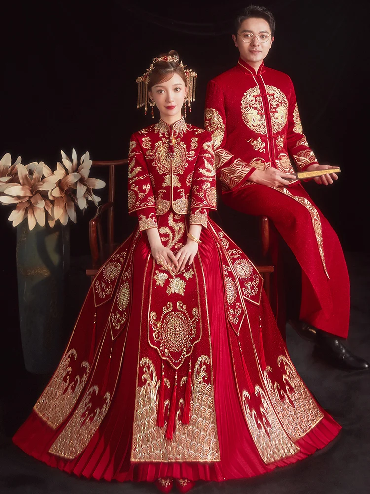 

New 2025 Red Dragon And Phoenix Wedding Dr for Brideom Chinese Sle Long Sve Polyester Fabric Retro Design