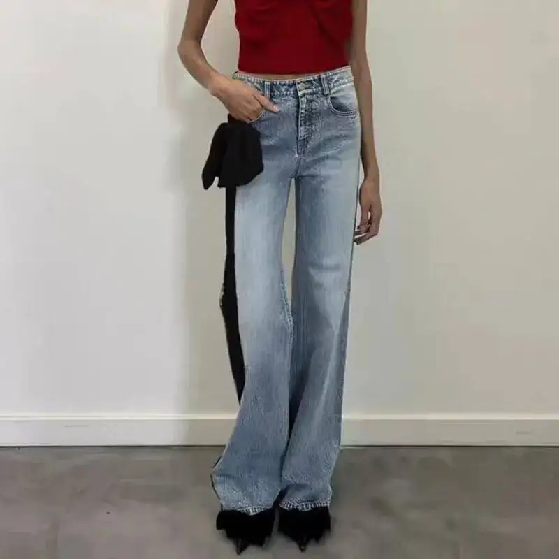 ANJY ฤดูใบไม้ร่วงใหม่ผู้หญิงอินเทรนด์กางเกงยีนส์ด้านข้าง Bowknot Contrast สี Patchwork DENIM อารมณ์สไตล์กางเกงลําลองอเนกประสงค์ A10063