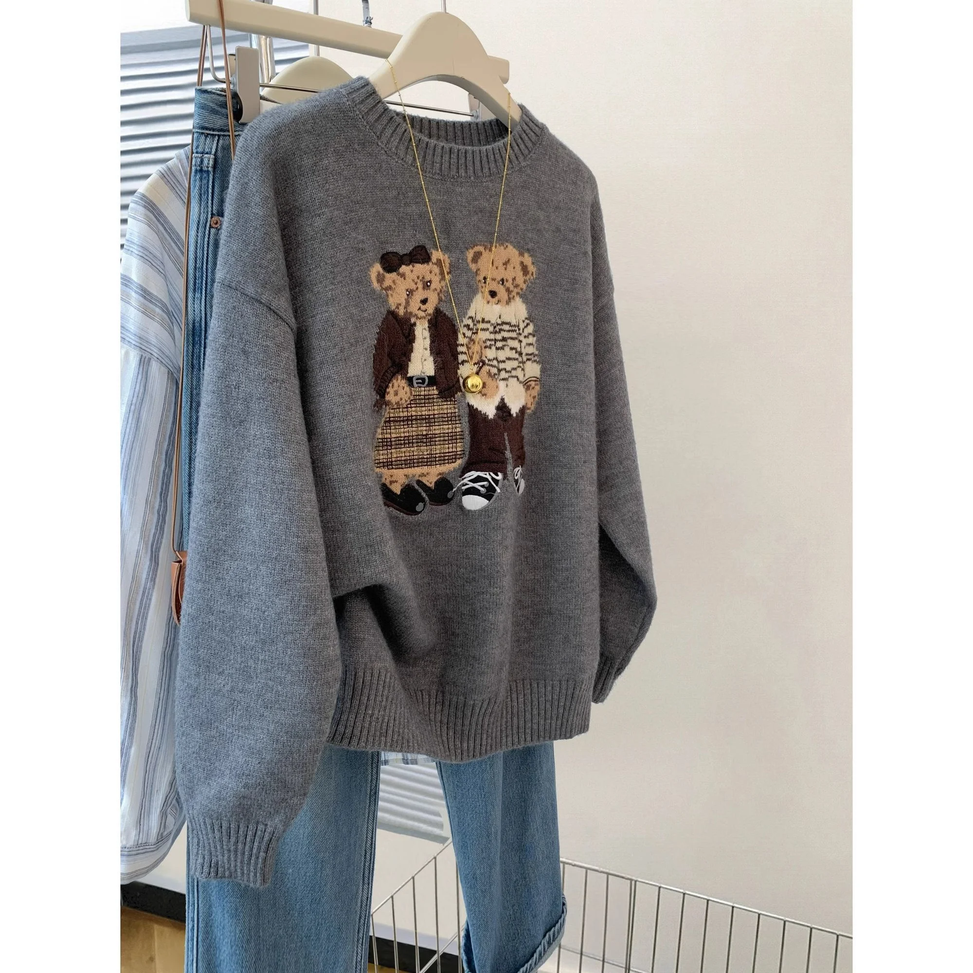 

plus Size Knitted Bear Plu Hoodie Women's Inner Wear Top Autumn Winter Loose Fit Korean Sle Long Sve round Ne Sweater