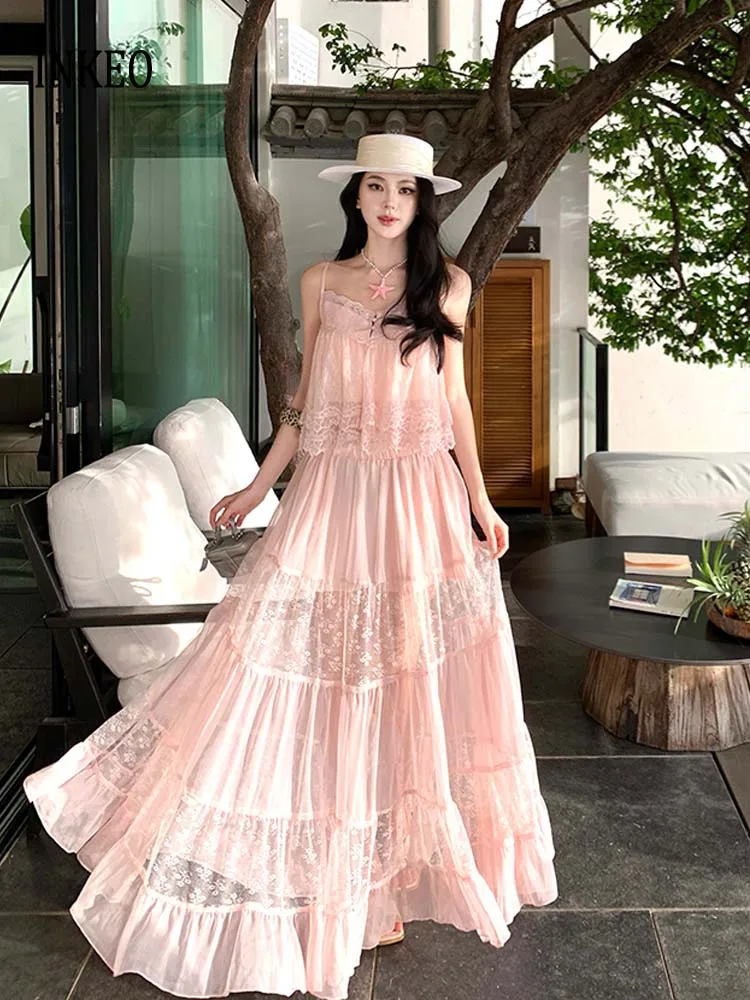 Sexy Sweet 2 piece set for women 2026 Summer Pink lace patchwork camisole V-neck crop tops and long skirt Beach Club INKEO 6D094