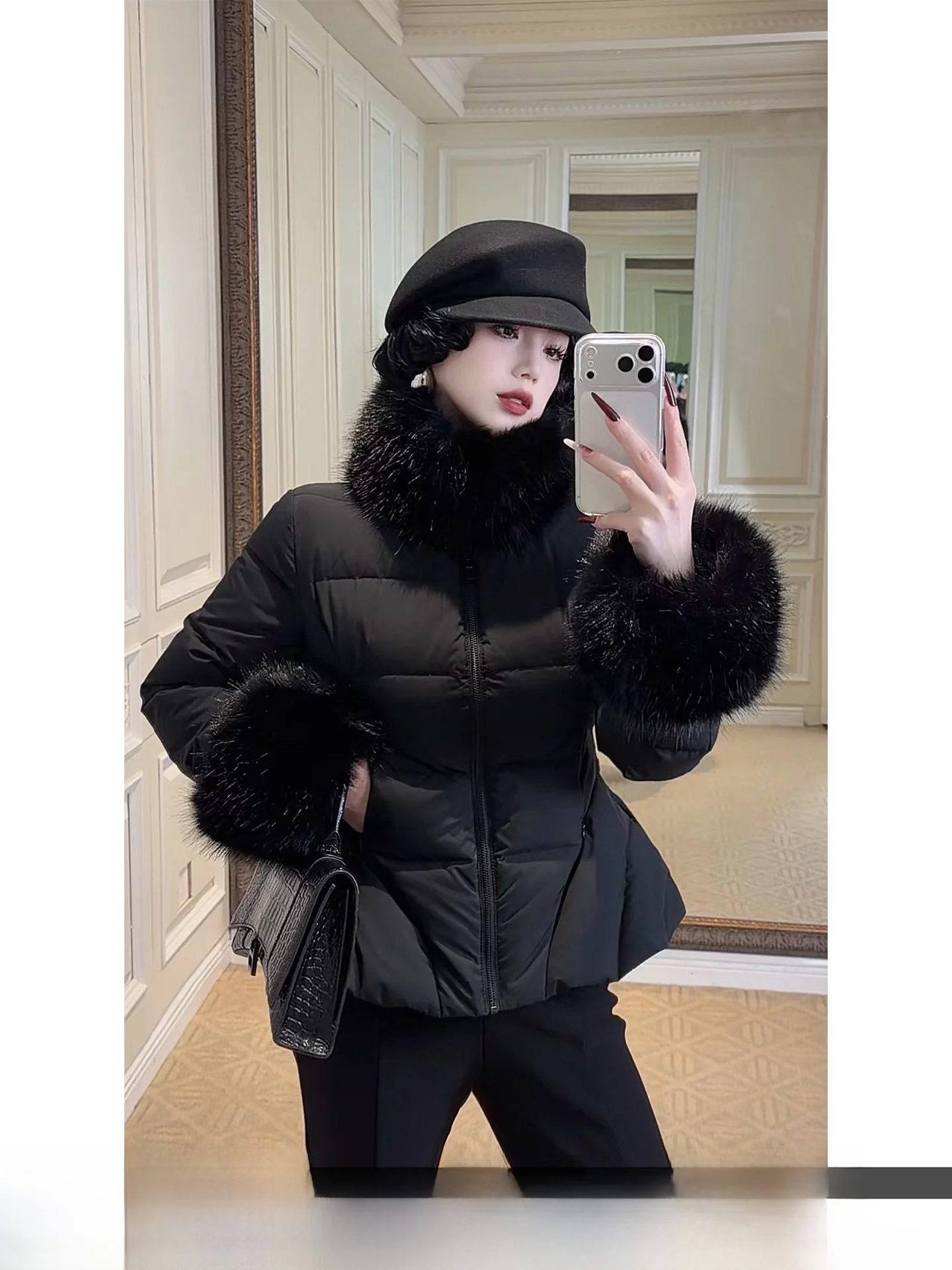 

Женская зимняя теплая повседневная короткая куртка с меховым воротником и высокой талией, дизайнерская модель, малый размер