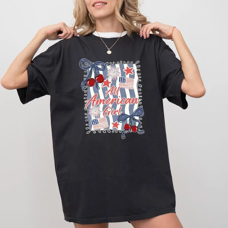 

All American Girl T-Shirt Women's 4th of July Patriotic Flag Graphic Tee Retro Independence Day Gift Summer Firework Top