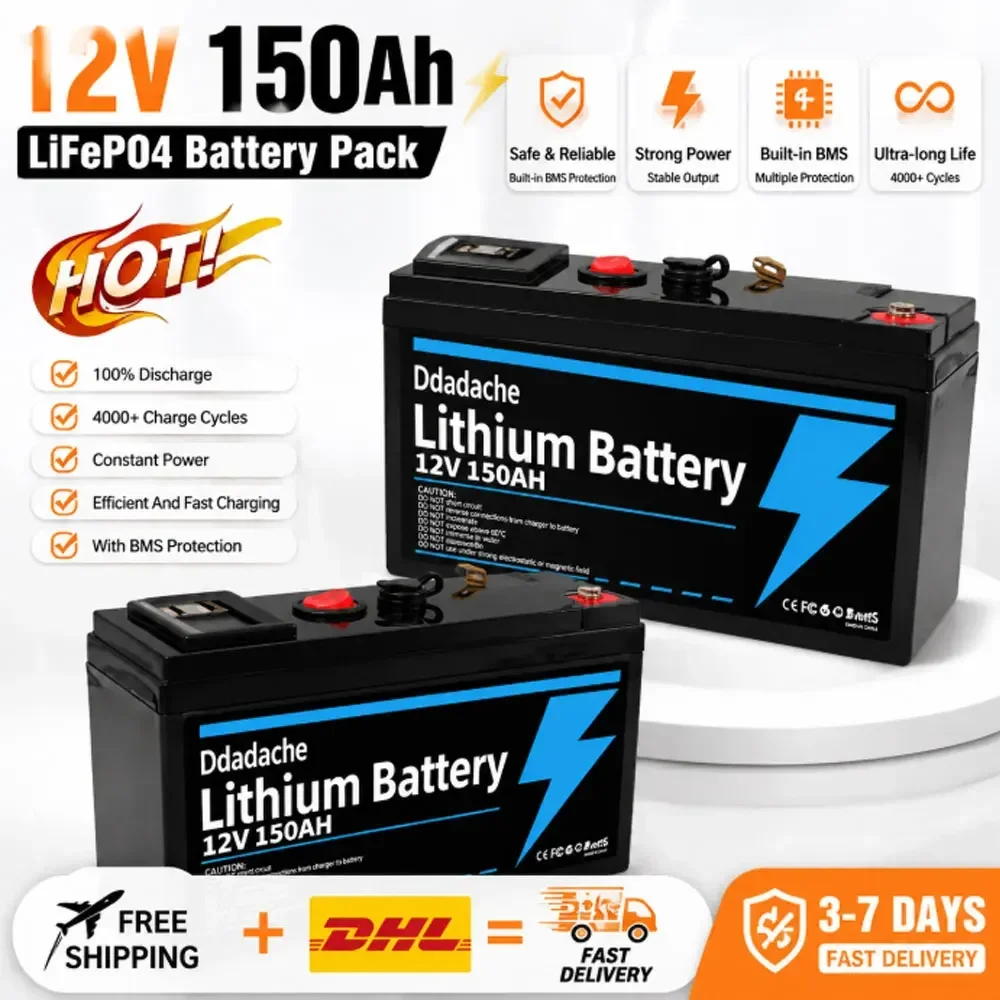 LiFePO4 12V 150Ah Wiederaufladbare Lithium-Batterie mit Integriertem BMS, Geeignet für Elektrofahrzeuge, Solarpanels, Fischfinder und Elektrische Rollstuhlbatterien