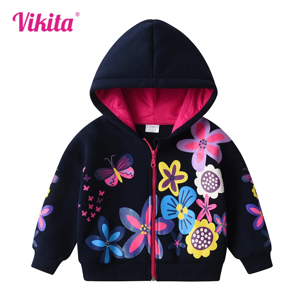 VIKITA Girls Autumn Spring Jackets Kids Hooded Coat Girls Floral Print Zipper Cotton Casual Thick Jacket Children Outwear 3-12 Y