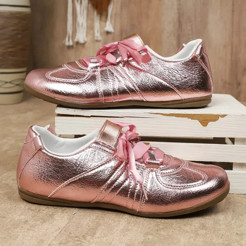 

Fashion Gold Silver Women's Flat Sneakers Lightweight Soft Sole Casual Shoes Woman Comfortable Non Slip Pink Shoes Plus Size 43