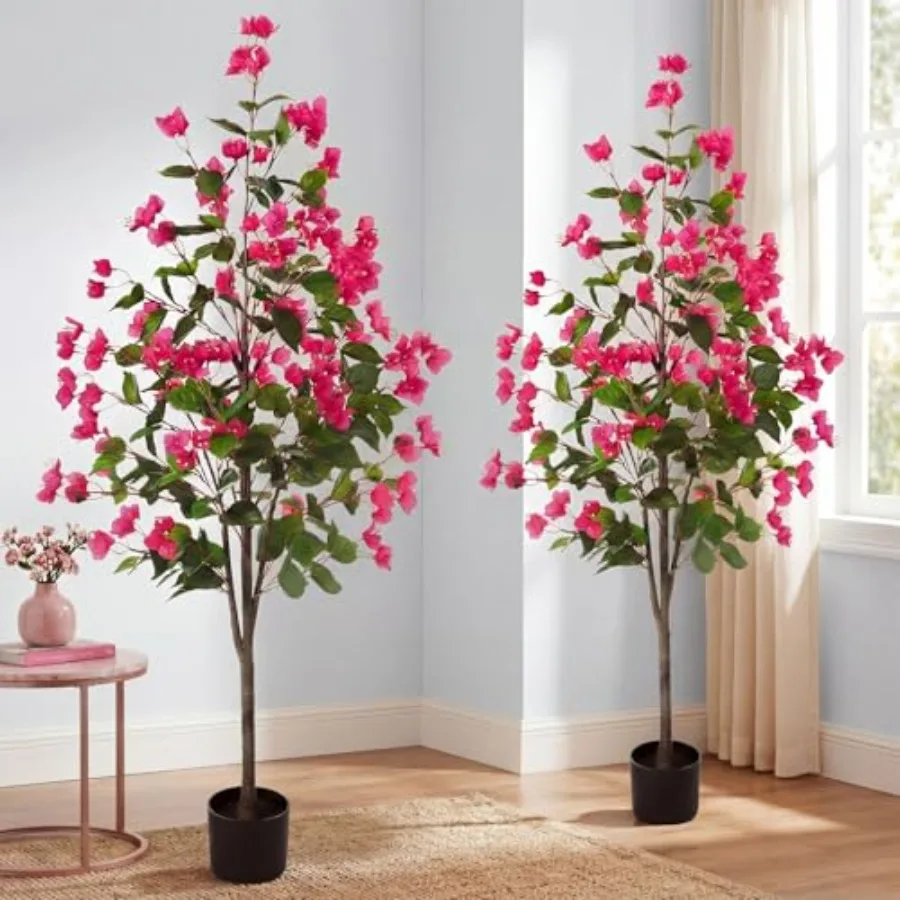 2 Piezas de Árboles Artificiales de Buganvilla de 1.5 Metros para Decoración de Interiores y Exteriores, Hogar, Oficina, Jardín, Tela Plástica, Rojo Rosa, Aspecto Realista