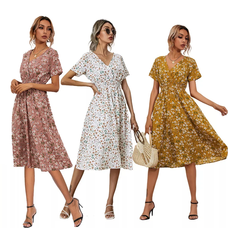 

Summer Floral Short-sleeved Dress for Women Bohemian V-neck Waist Elegant Dress Ladies Holiday Sundress Beach Dress Womenswear