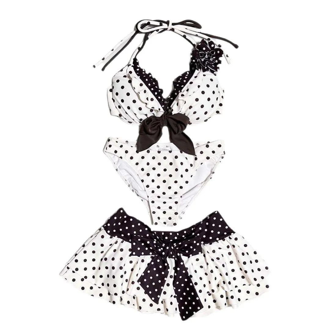 2025 جديد الأوروبية والأمريكية Ins فتاة ساخنة مثير الرسن الحلو البولكا نقطة الذاتي التعادل أعلى + تنورة ثلاث قطع مجموعة للنساء