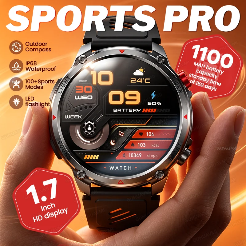 Nouvelle montre intelligente pour hommes, idéale pour les activités de plein air, avec une batterie de 1100 mAh, boussole, plus de 100 modes sportifs, lampe de poche, appels Bluetooth et étanchéité.