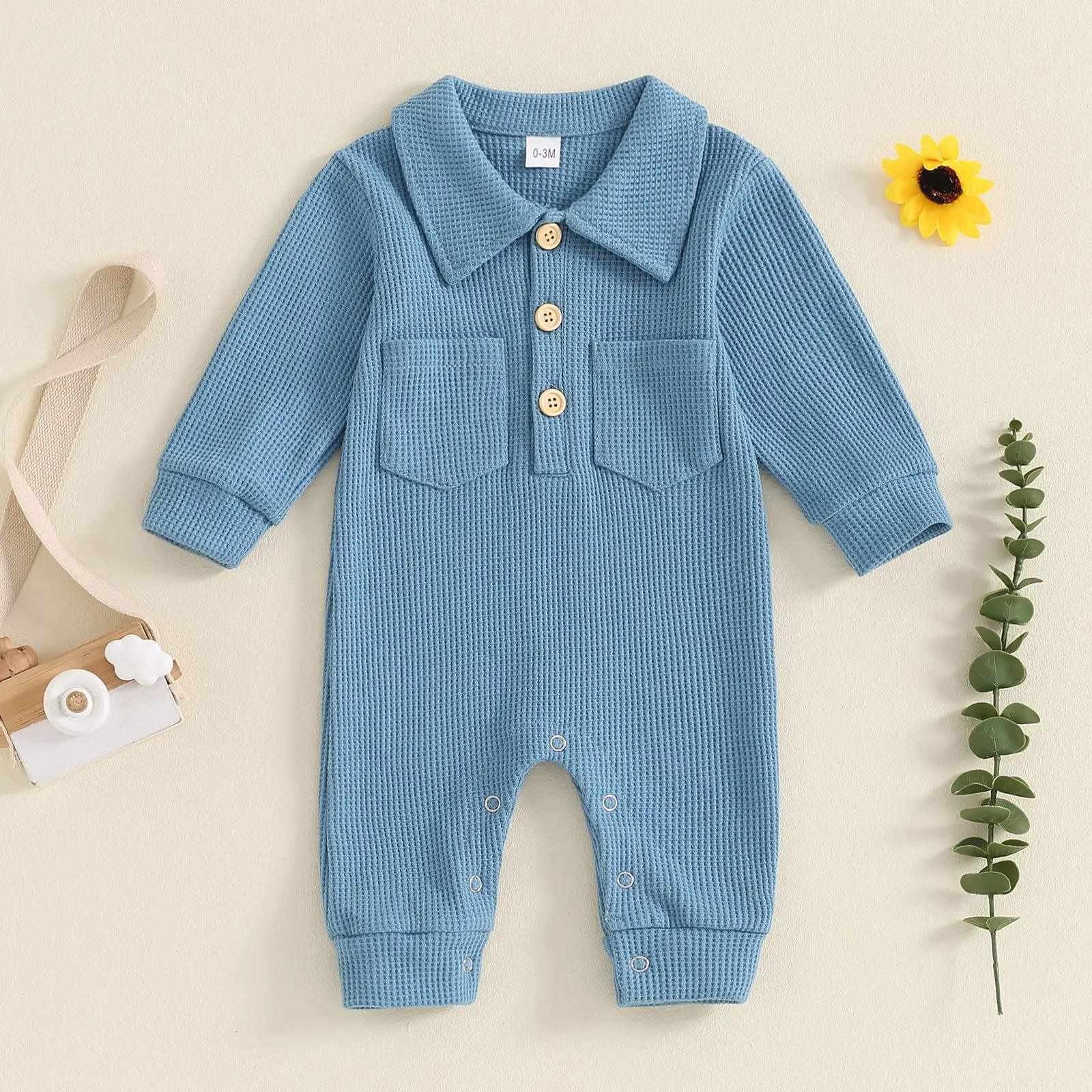 MILANCEL 2024 Autumn Baby Rompers Turn Down Collar Boys Clothing Waffle Jumpsuits Infant Outfit