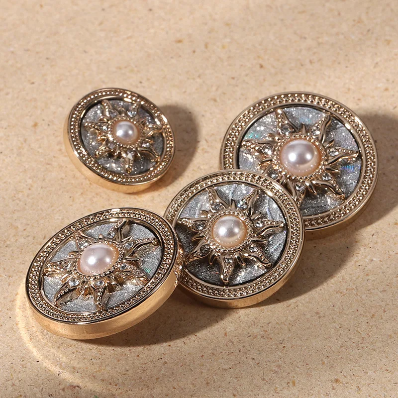 6PCS Metal round vintage pearl buttons buttons small fragrant wind women\'s tweed coat trench coat jacket water Drill Buttons