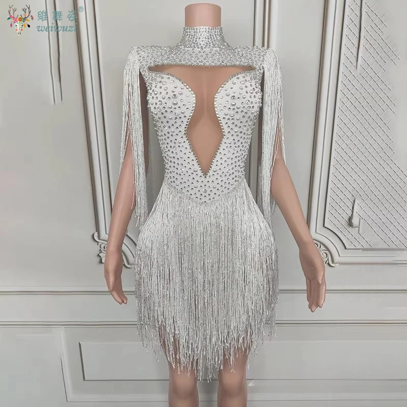 

Latin Dancing Performance Costume Customization High-end Luxury Full Diamond Tassel Dress Tango Samba Rumba Competition Outfit