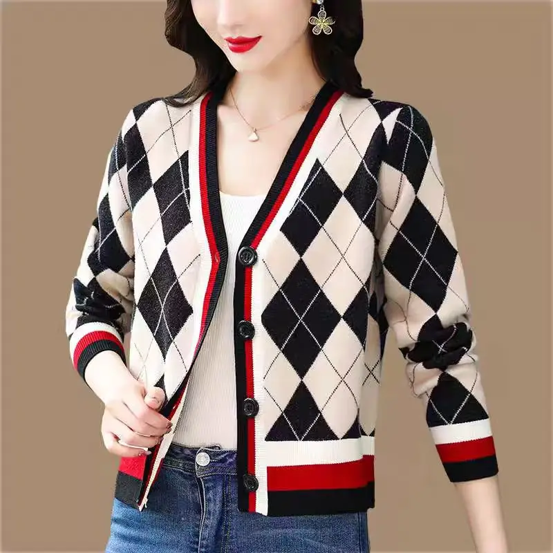 

Autumn Women New Thin Knitwear Vintage Plaid Knitted Cardigan Fashion Loose Chic Tops Office Lady Commute Casual Sweaters