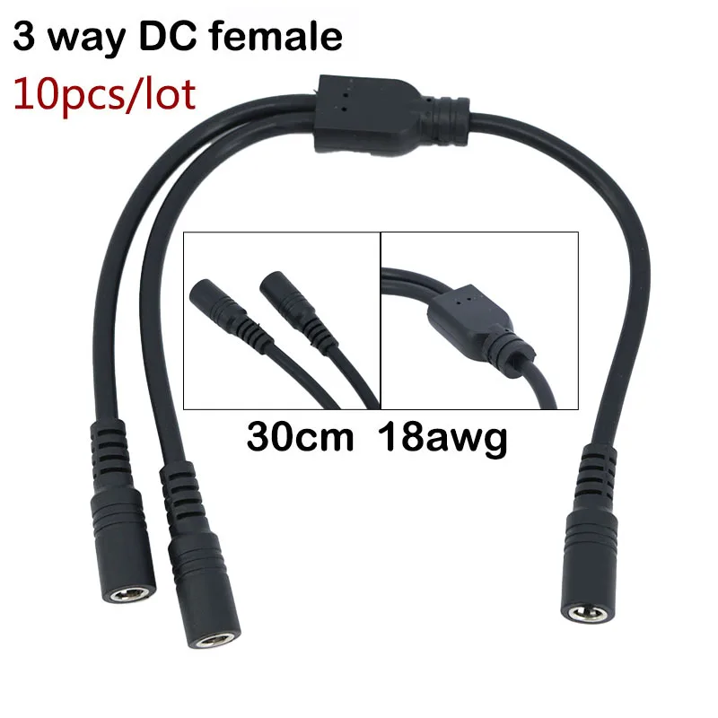 

10pcs 30CM 18awg 3 way DC female power adapter Splitter cable 1 female to 2 female 2 Way 5.5*2.1mm Connector Supply Extension P1