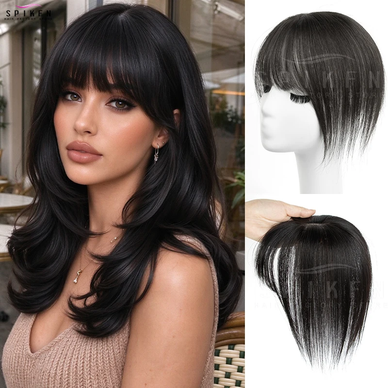 Women Brown Human Hair Topper With Bangs 5x9cm Skin Scalp Natural Black With Blonde Highlights Clip In Topper Human Hair Pieces