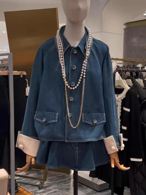 

Ele High Waist f-length Collar Denim Set Women's Faion Anti-aging Spring Autumn New Sle Luxury Long Sve irt