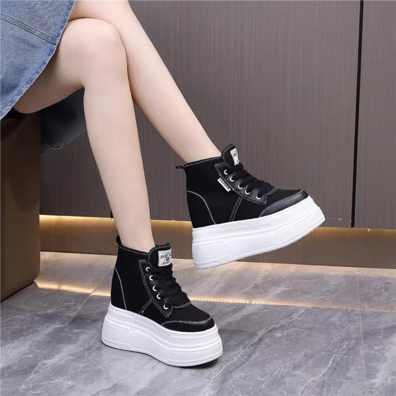 Fashionable 12cm High Heel Canvas Shoes with Strap Waterproof Platform and Internal Heightening for Women  women sneakers