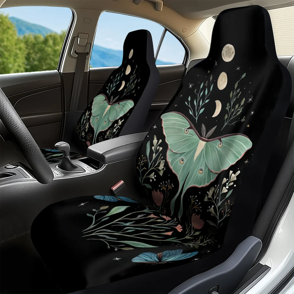 2pcs Unique Luna Moth Floral Moon Stars Car Seat Covers - Durable, Easy To Install, Stylish Interior For Cars, SUVs, And Trucks,