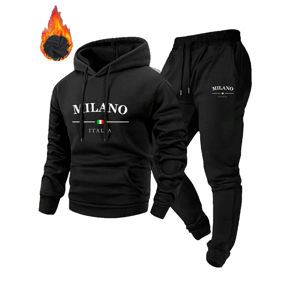 

Men's Fleece Warm Hoodies Sets MILANO Printing Tracksuit Hooded Sweatshirt + Drawstring Pants Sportswear Two-piece suit