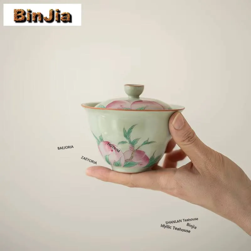 135ml Secret Colored Ru Kiln Painted Peach Gourd Gaiwan Traditional Tea Tureen Tea Bowl With Lid Kit Tea Making Cover Bowl Cafes