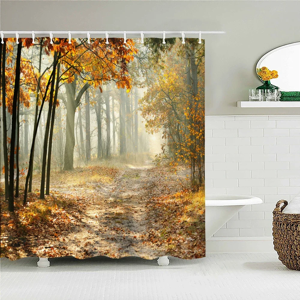 Forest Scenery Printed Shower Curtain Autumn Tree Leaves Bath Curtain Bathtub Screen Waterproof Fabric Bathroom Decor with Hooks
