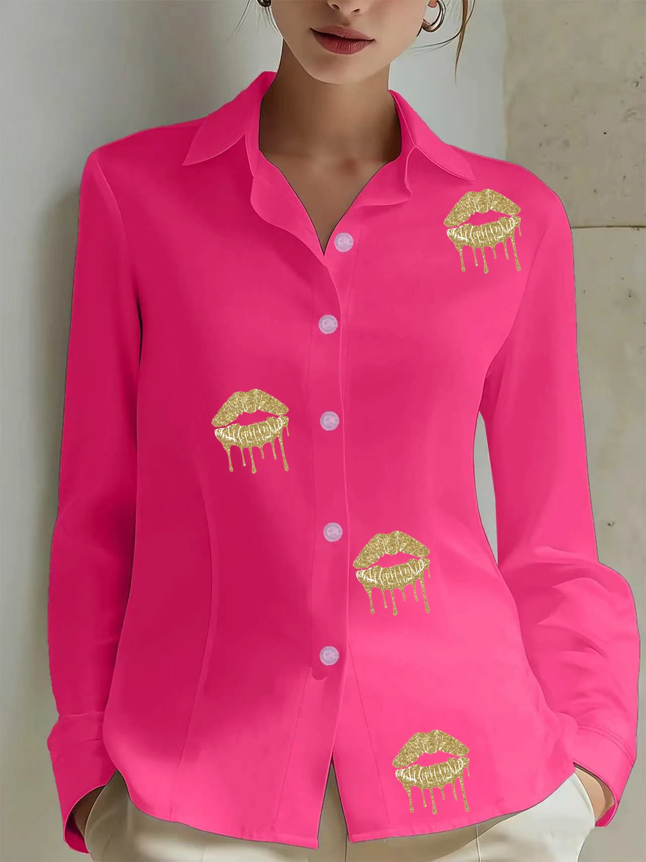 

Women's Luxury Emblem Badge Print Lapel Collar Satin Button Down Shirt shirts