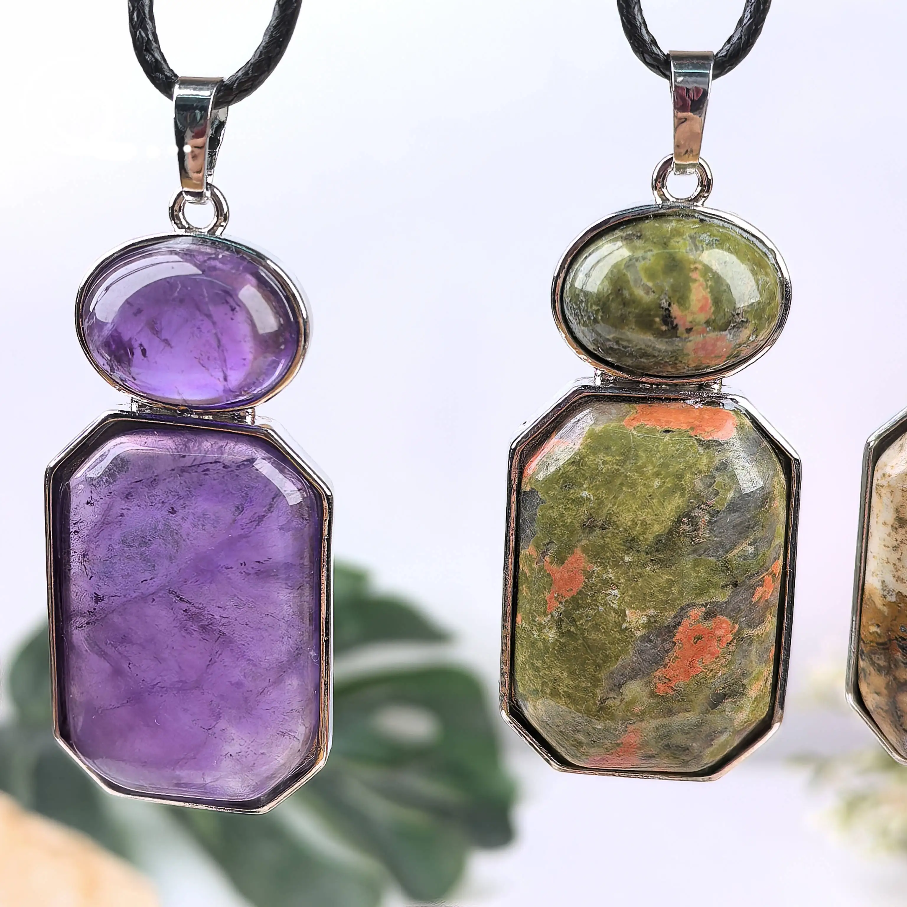 Healing Crystal Gemstone Geometric Pendants Necklace Rhodonite Tiger eye Obsidian Rose Quartz Amethyst Charms Jewelry QC3423