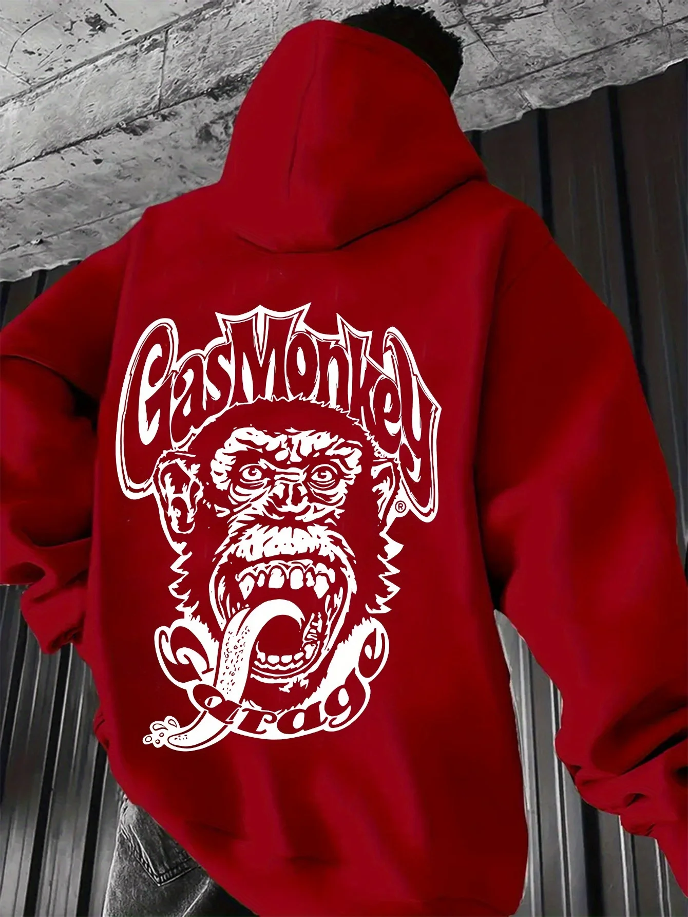Suéter masculino com capuz vermelho/borgonha profundo – estampa gráfica Gorilla & Gasmonkey resistente, letras brancas negrevidas, pulôver casual hoo