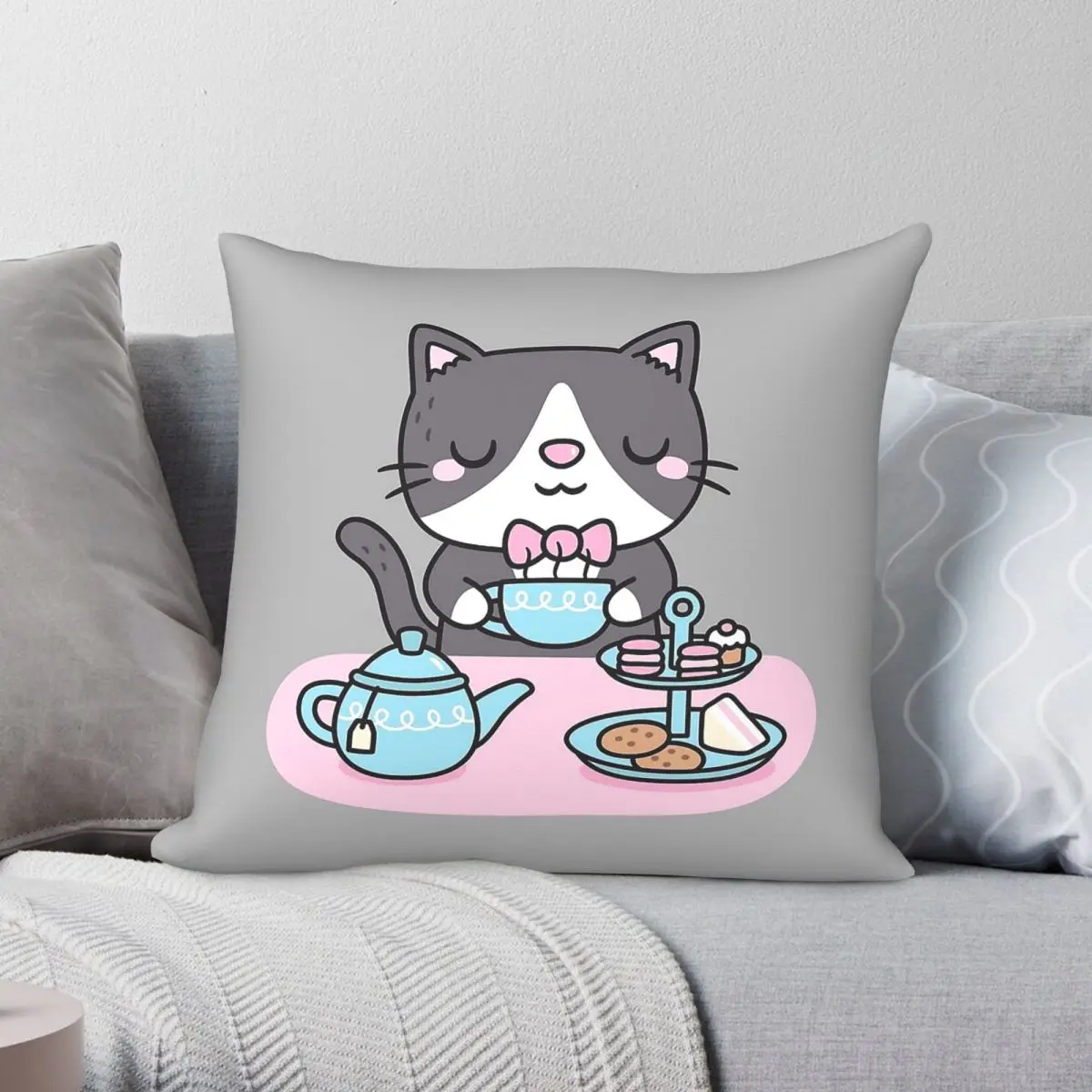 Tuxedo Cat Enjoying Tea Pastries Snacks Pillowcase Polyester Linen Velvet Printed Zip Decor Pillow Case Home Cushion Cover