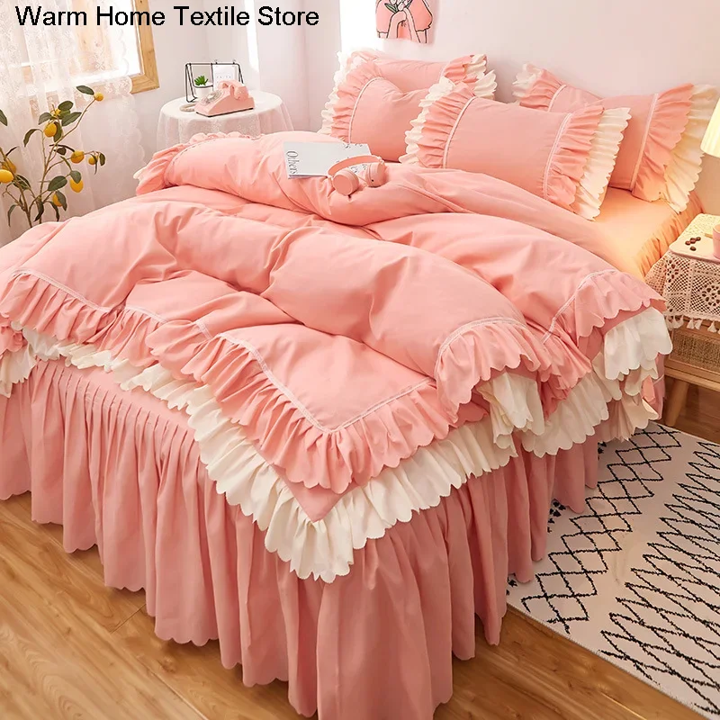 

For Pink Lace Ruffle Bedding Set Luxury Bed Skirt Sheet Bedspread Korean Duvet Cover Girls Princess Bedspread Pillowcases