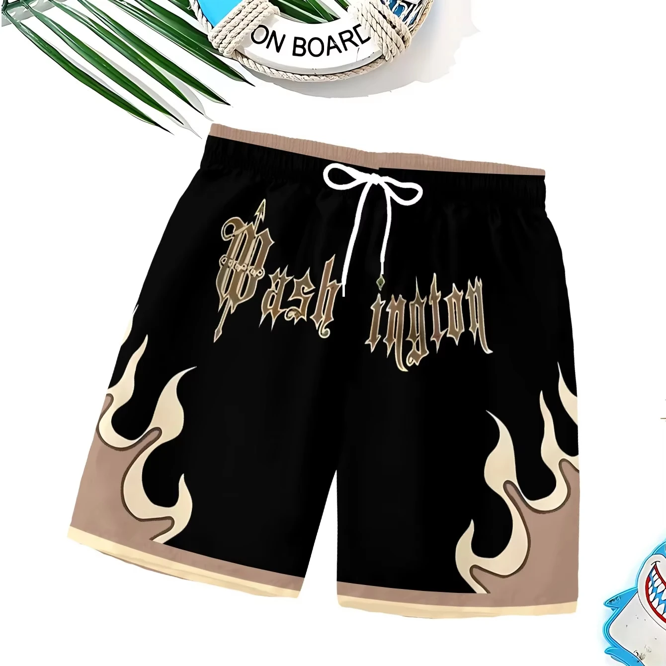 2026 New Black Washington Gothic Script Flame Beach Shorts Men Quick Drying Shorts Are Suitable for Y2K