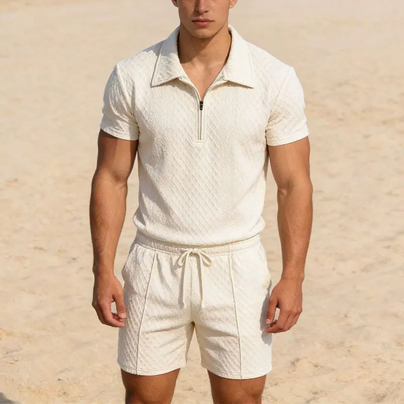 

Летние мужские комплекты поло: рубашка поло с коротким рукавом на молнии и шорты, мужской повседневный уличный стиль, 2-х предметный комплект для отдыха и спорта