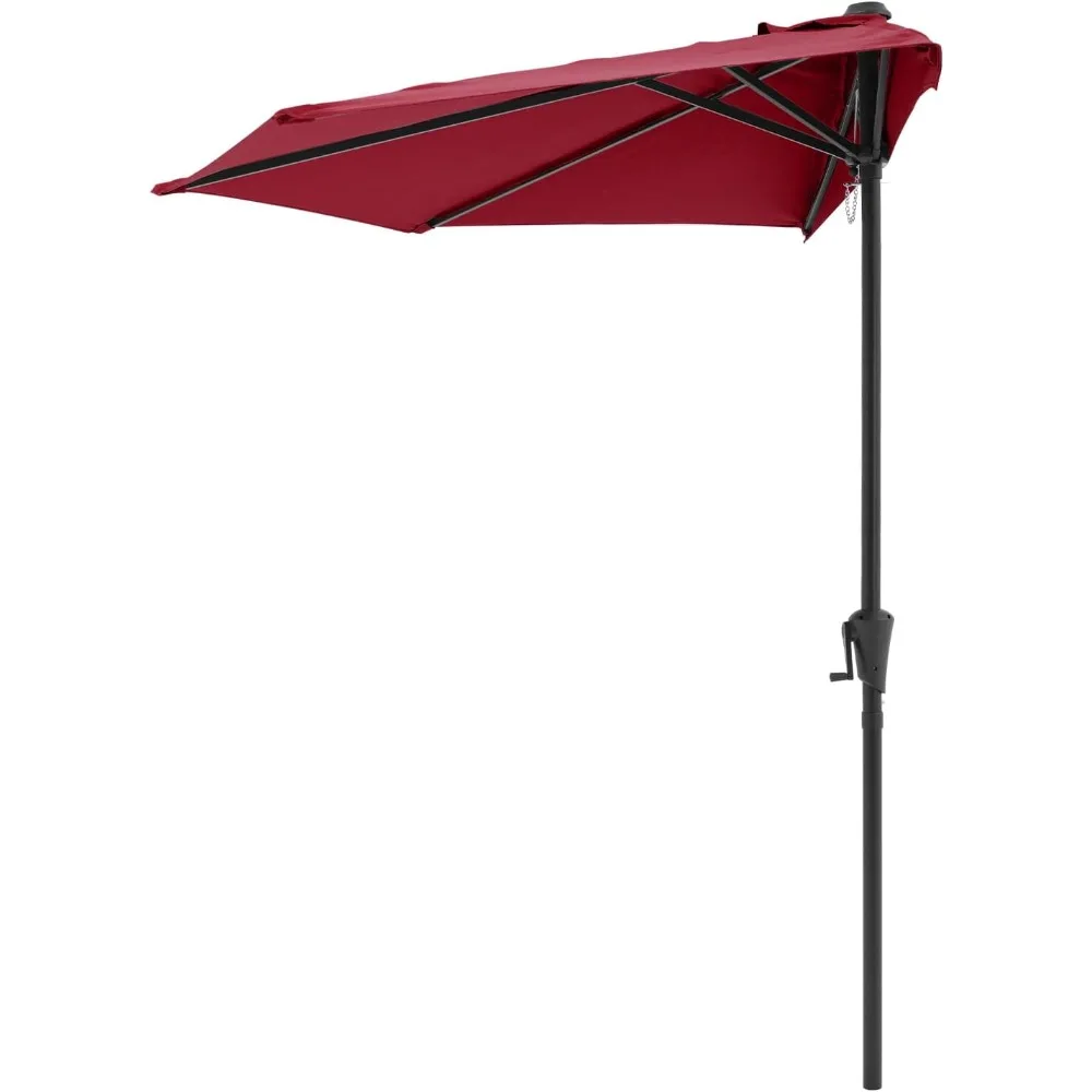 

9’ Half Round Patio Outdoor Umbrella with Crank for Deck, Balcony, Garden or Terrace Shade, Dark Red